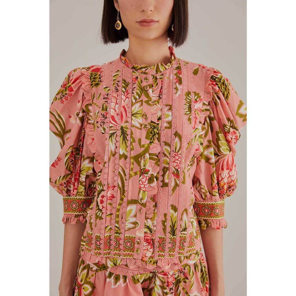 FARM Rio Aura Floral Short-Sleeve High Neck Blouse Top Soft Pink Women's Medium - Picture 3 of 9